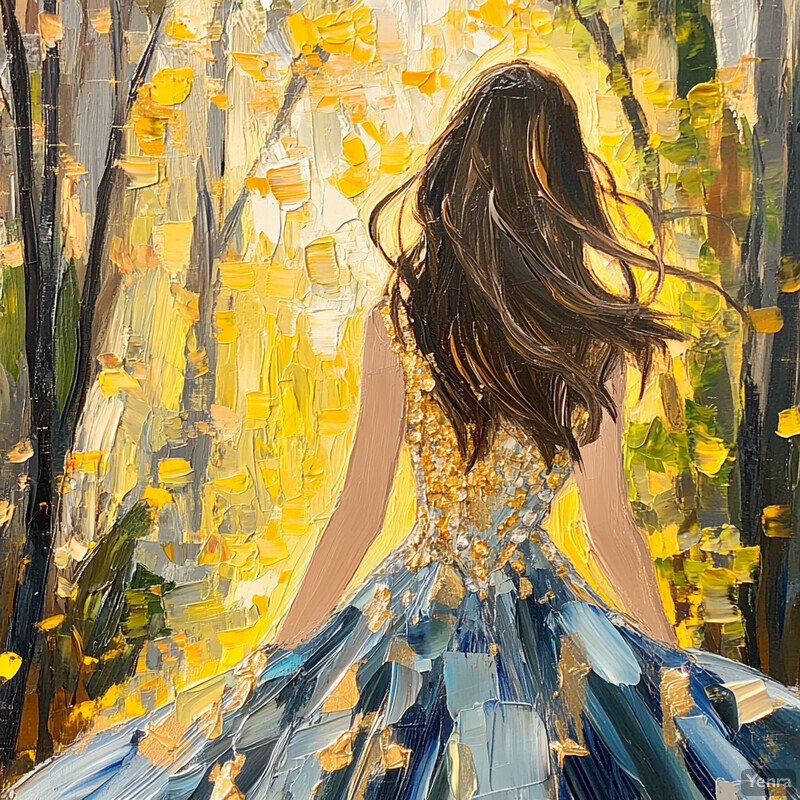 A woman in a blue dress walks through a forest surrounded by trees and yellow leaves