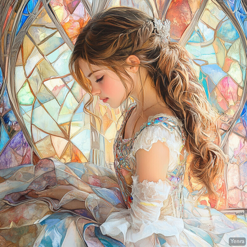 A woman with long brown hair and a white dress stands in front of a colorful stained glass window, exuding a fairytale-like quality.