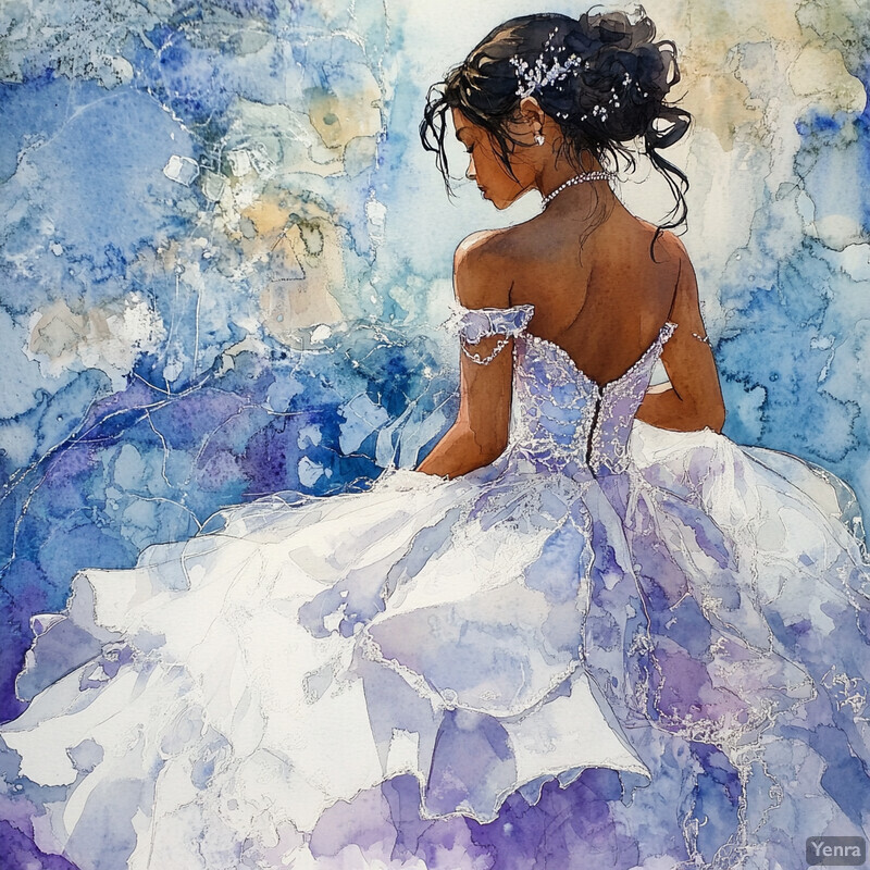 A woman in a white wedding dress gazes downward at her feet, surrounded by a soft, creamy background.