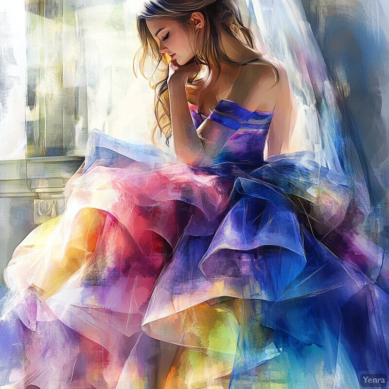 A young woman sits elegantly in a colorful dress, exuding sophistication and poise.