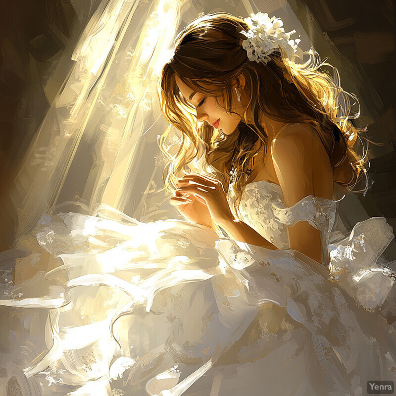 A serene and contemplative scene of a woman in a white wedding dress