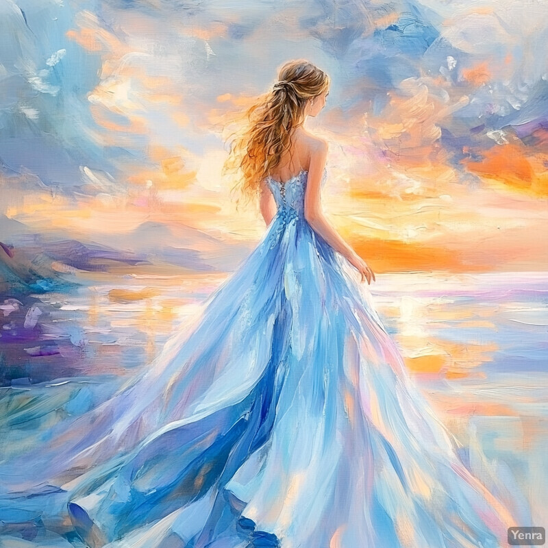 A woman in a blue dress stands on a beach at sunset, surrounded by vibrant colors and calm waters.