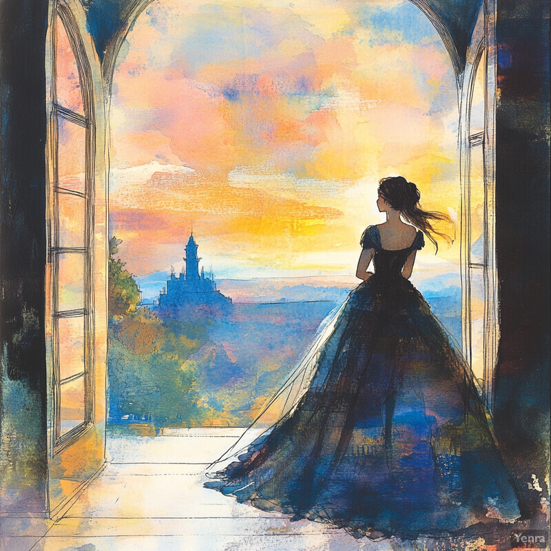 A woman stands in an arched doorway, gazing out at a sunset.