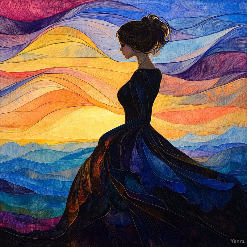 A woman in a long dress stands in front of a colorful background.