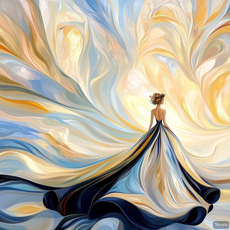 A woman in a flowing dress stands confidently in front of a swirling pattern of colors.