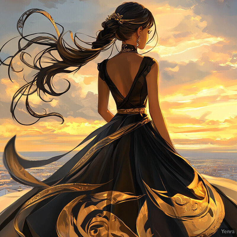 A woman stands on a rooftop or balcony, gazing out at the cityscape below during sunset.