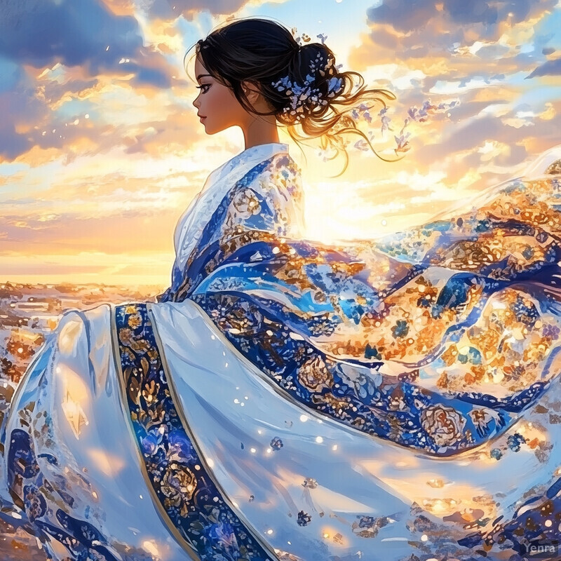 A woman stands in front of a sunset, gazing towards the horizon with an expression of quiet contemplation.