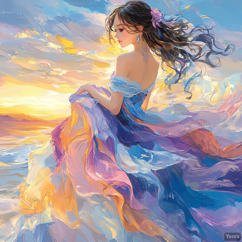 A serene beach scene at sunset featuring a woman in a flowing white dress