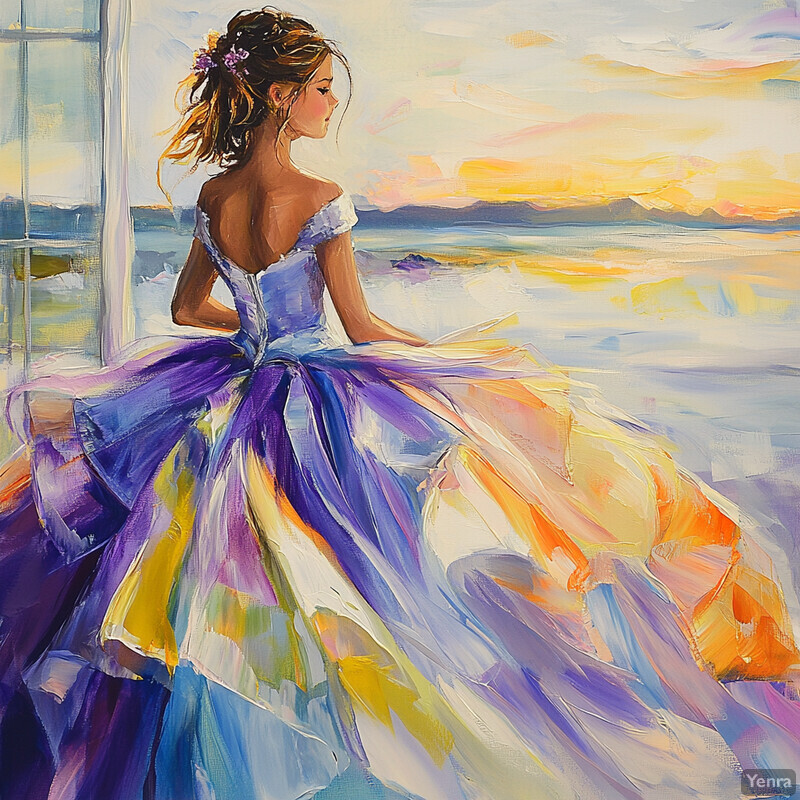 A serene beach scene with a woman in a flowing white dress gazing out at the horizon.