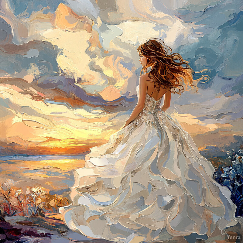 A woman in a white wedding dress stands on a cliff overlooking the ocean at sunset.