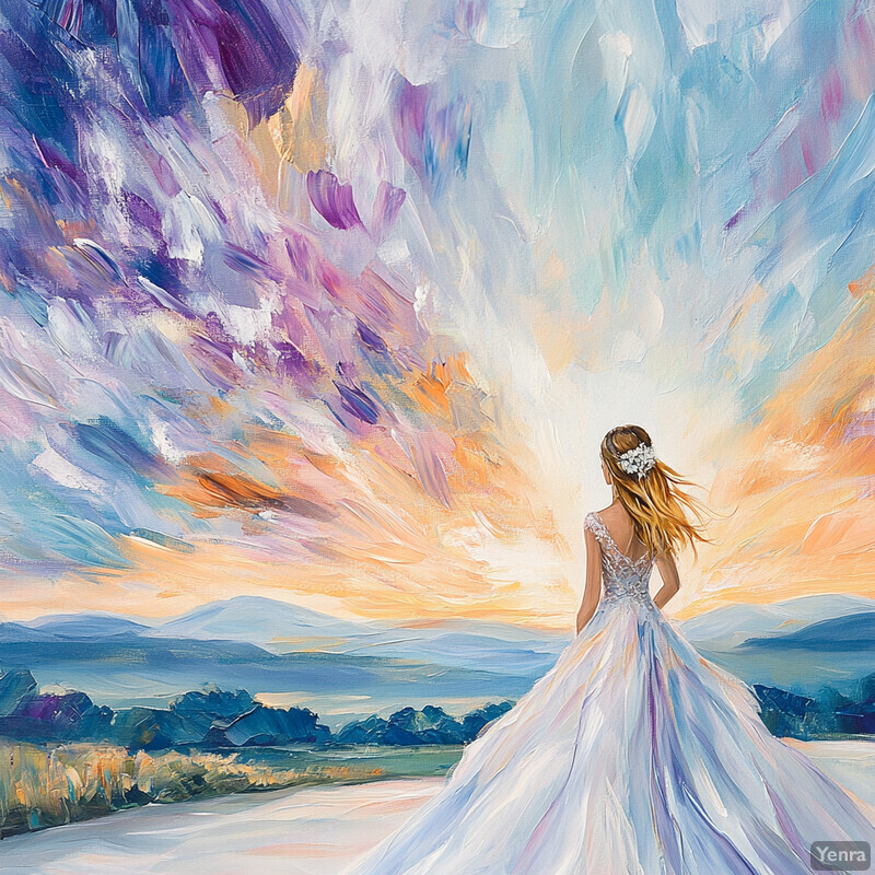 A woman in a white wedding dress stands on a road, gazing out at a breathtaking sunset.