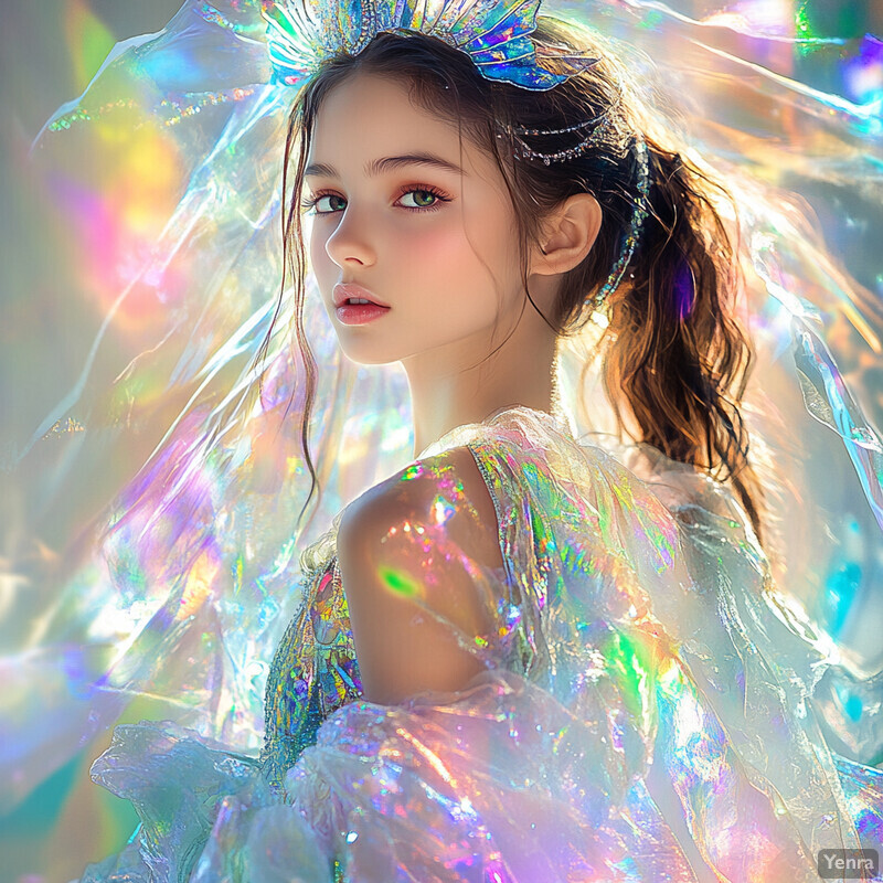 A young woman with long brown hair and an iridescent headpiece is photographed outdoors, possibly during the daytime.