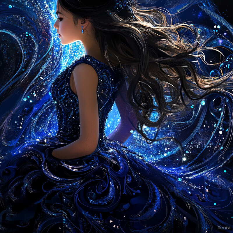 A woman with long hair and a sparkly blue dress set against a vibrant background of swirling patterns and shapes.