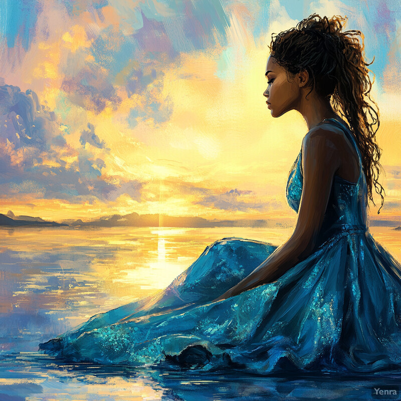 A serene sunset scene featuring a woman sitting on a rock by the water's edge.