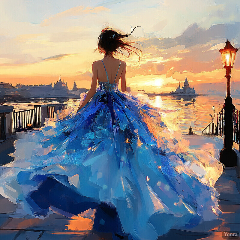 A woman in a blue dress stands on a balcony overlooking a body of water at sunset