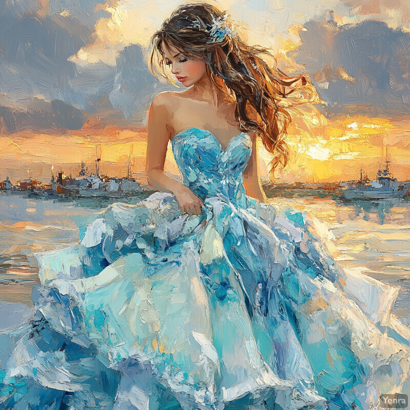 A woman stands on the shore of Luminous Lagoon, surrounded by lush greenery and vibrant flowers, wearing a stunning blue dress and gazing out at the breathtaking view before her.