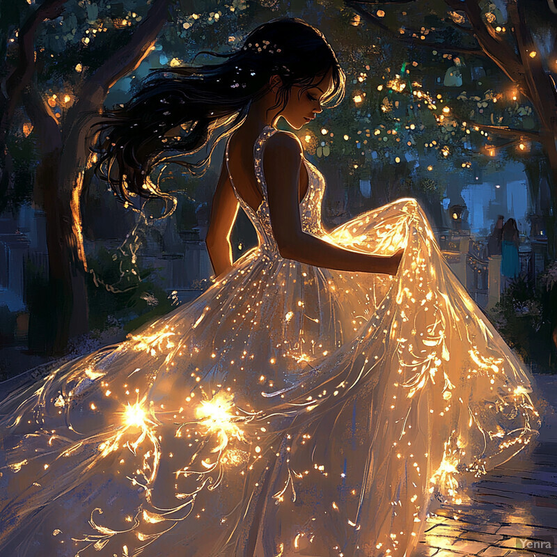 A woman wearing a glowing dress stands confidently on a stone floor