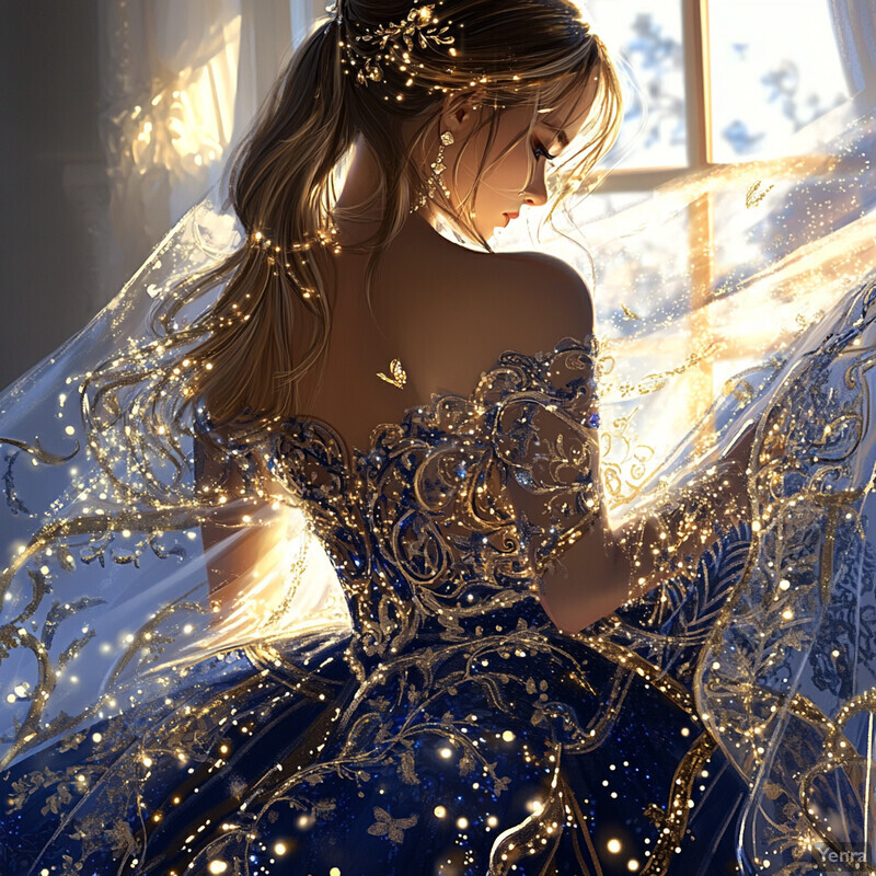 A woman in a lavish blue and gold gown stands before a blurred background, exuding grace and poise.