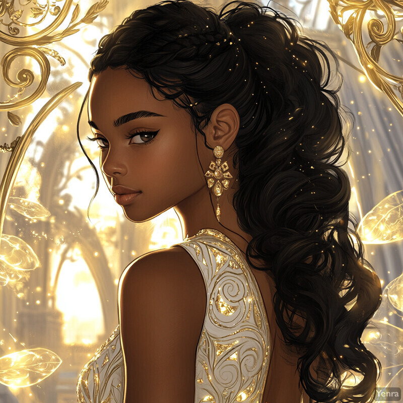 A woman with long dark hair and a sleeveless white dress featuring intricate gold embroidery