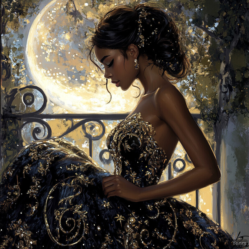 A serene and contemplative scene featuring a woman in a stunning black ball gown standing on a balcony or patio overlooking a forest.