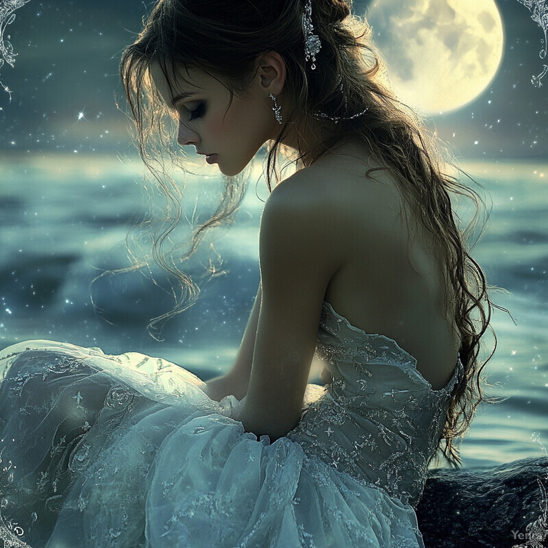 A serene and enchanting scene of a woman sitting by the ocean under an ethereal glow