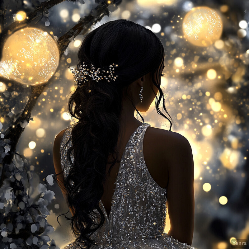 A woman in a stunning silver dress poses elegantly against a blurred outdoor backdrop.