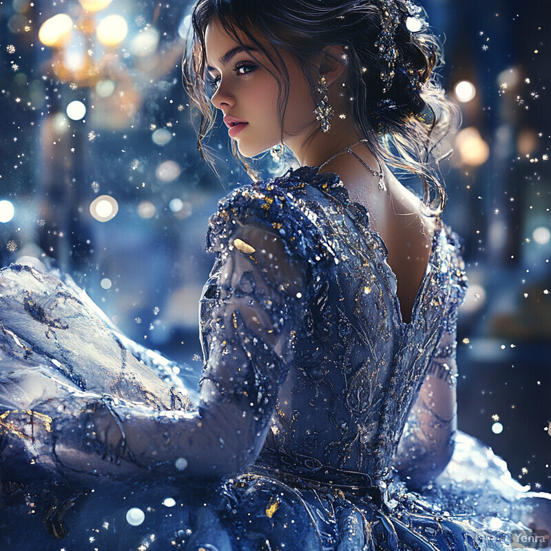 A woman in a stunning blue gown with gold embroidery poses confidently against a blurred cityscape at night.