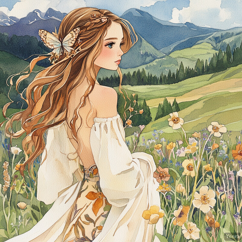 A serene and idyllic scene of a woman in a field of flowers with mountains in the background