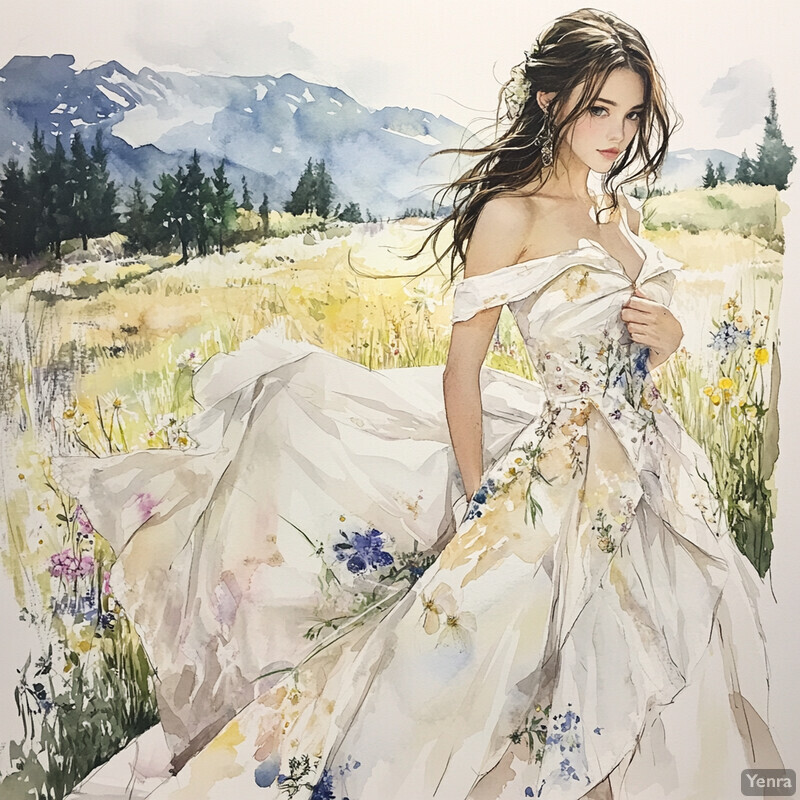 A woman in a white dress stands confidently in a field of wildflowers with mountains visible in the background.