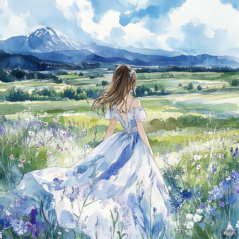 A serene and idyllic scene of a woman standing in a lush meadow surrounded by vibrant wildflowers and towering trees.