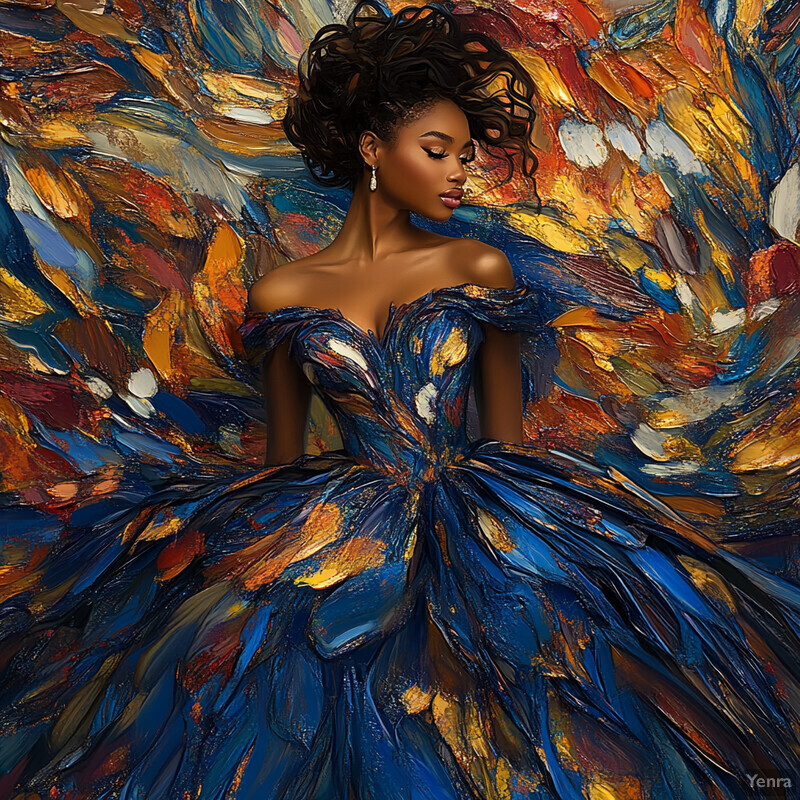 A woman with dark skin and black hair wears a blue ball gown with gold accents, reminiscent of Van Gogh's 'Starry Night' style.