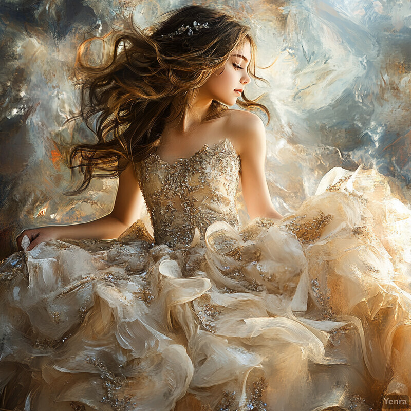 Ethereal woman in white dress with gold embroidery