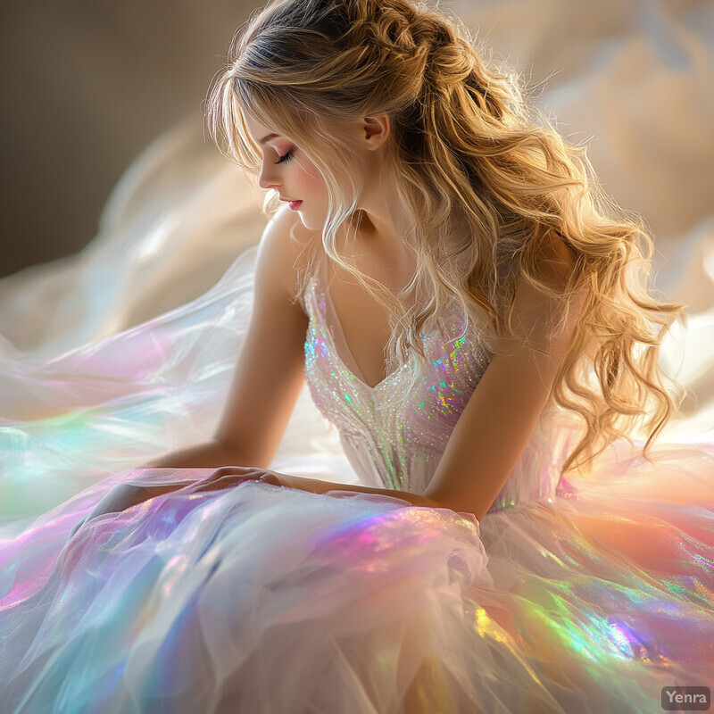 A woman with long blonde hair and fair skin wears a stunning white dress adorned with iridescent sequins.