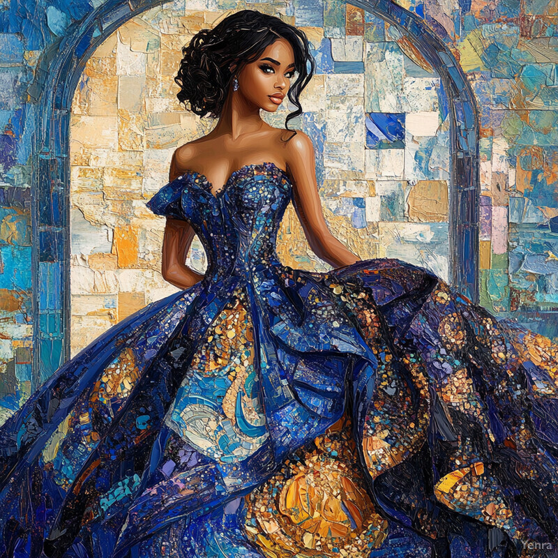 A woman in a blue dress with intricate patterns