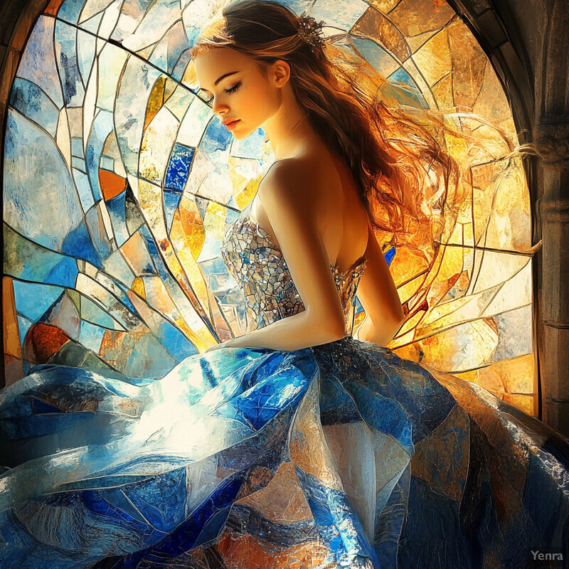 A woman with long hair and a blue dress stands in front of a stained glass window, exuding confidence and elegance.