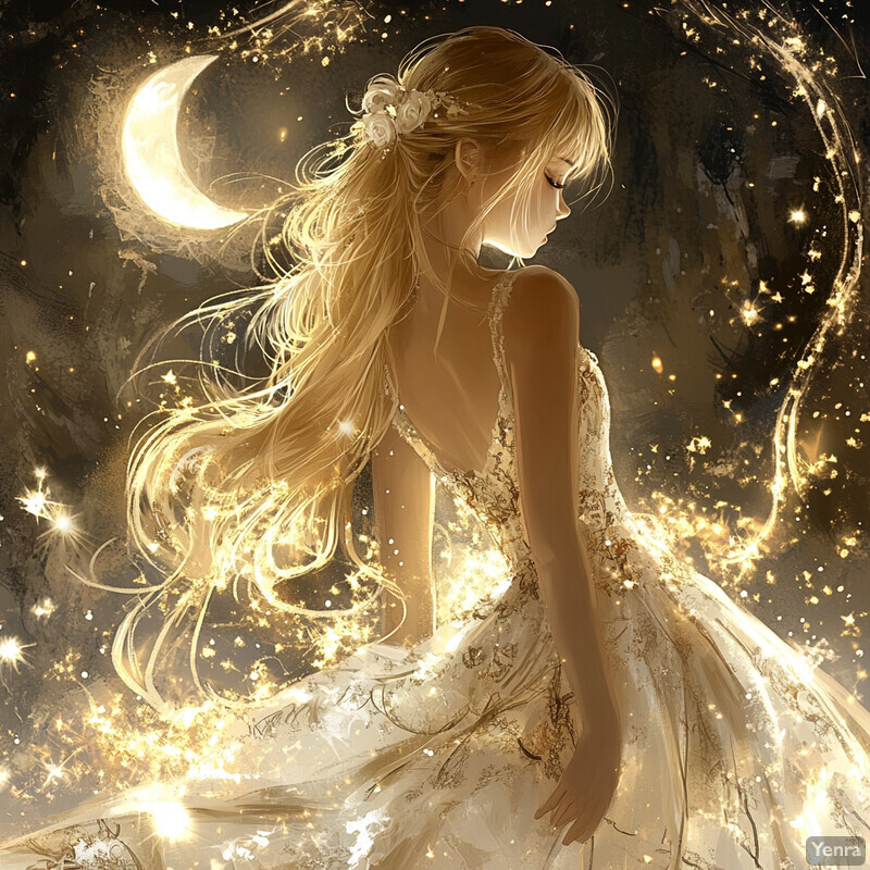 A woman in a white dress with gold accents stands against a soft, ethereal background.