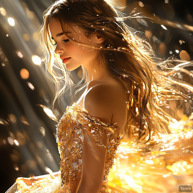 A woman with long hair and a gold dress in an abstract background of swirling colors