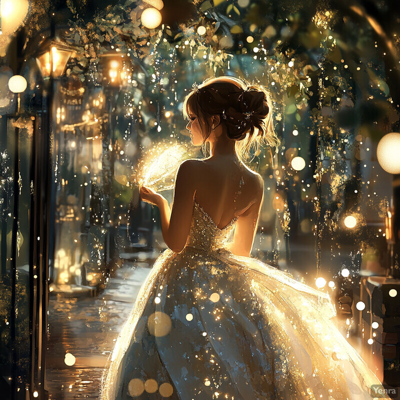 A woman in a golden ball gown stands confidently amidst lush greenery