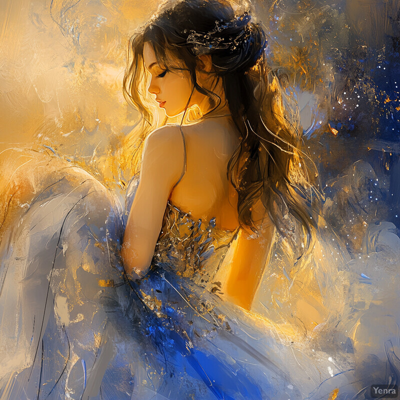 A mystical woman in a blue dress, surrounded by an ethereal atmosphere