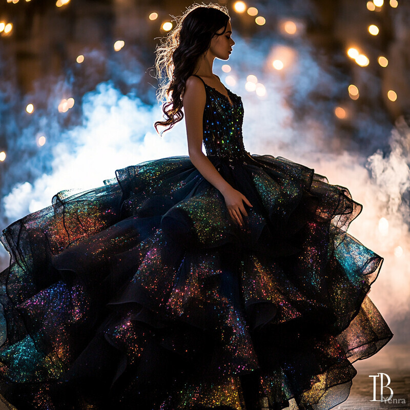 Woman in black ball gown with iridescent sequins and ruffles posing on wooden floor