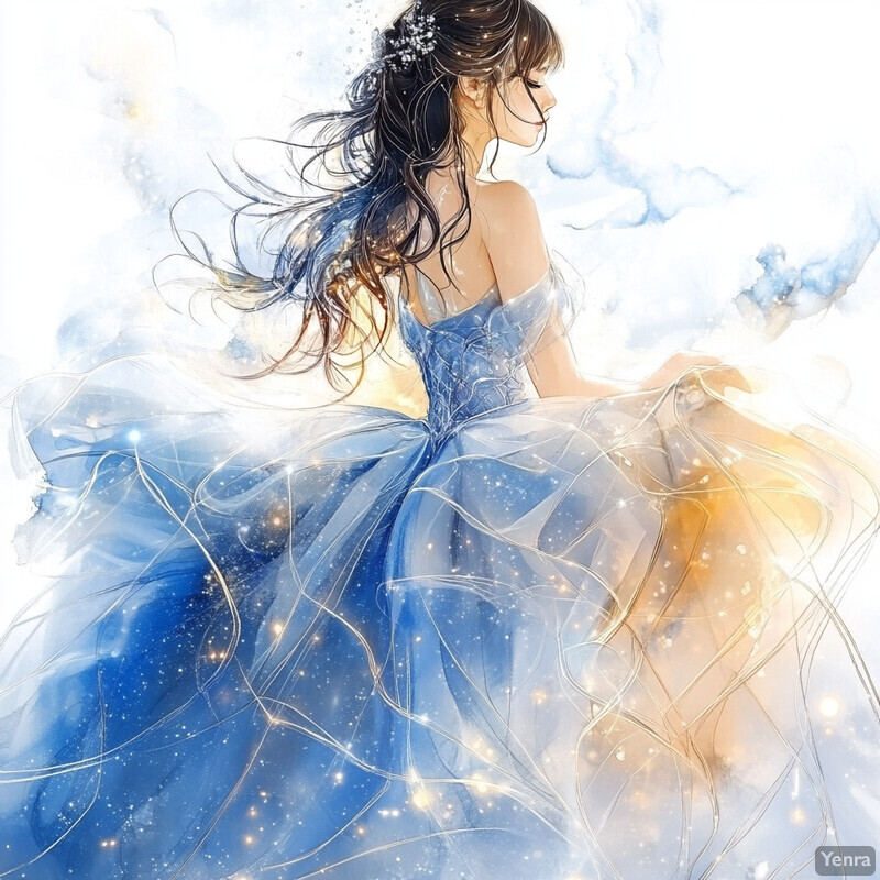 A serene and elegant woman in a blue dress with sparkling details.