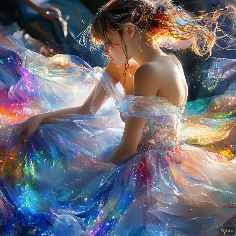 A woman in an ethereal dress surrounded by colors and lights, set against a swirling nebula background.