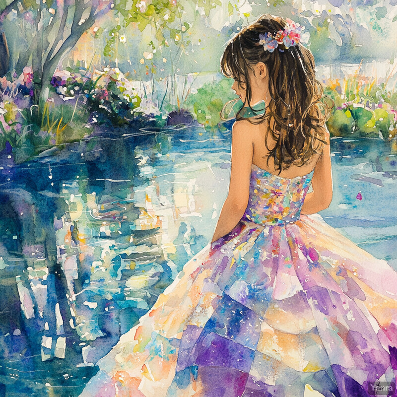 A young girl stands by a tranquil body of water, surrounded by lush greenery and vibrant flowers, exuding peace and tranquility.