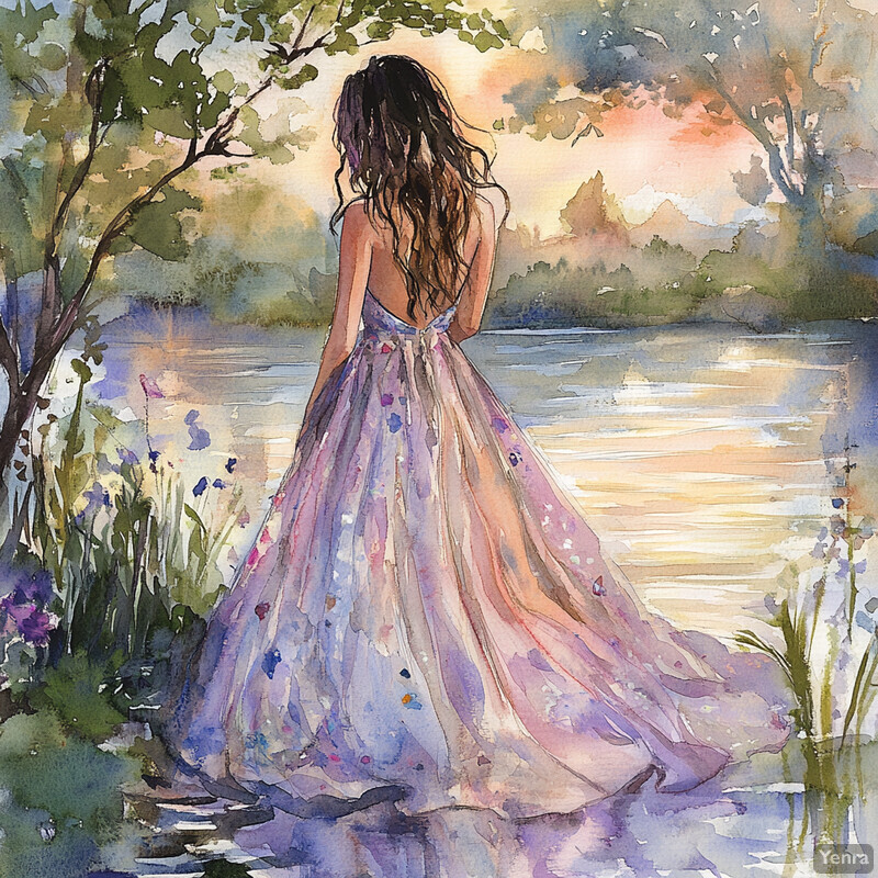 A woman in a white dress stands by a lake or river, surrounded by lush greenery and a vibrant sky.