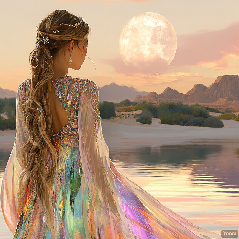 A woman stands in front of a desert landscape, gazing at the moon, wearing an iridescent gown.