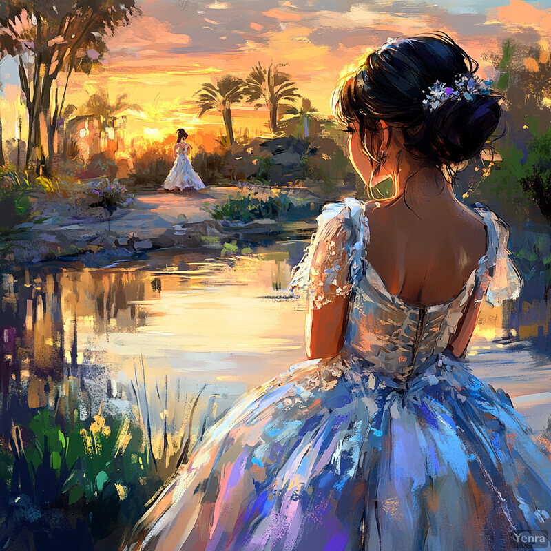 Two women stand on either side of a riverbank, surrounded by lush greenery and vibrant flowers, lost in thought as they gaze out at the tranquil waters.