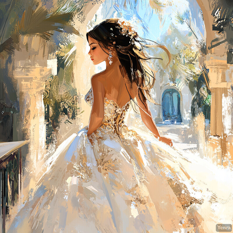 A woman in a white wedding dress stands on an outdoor patio or porch surrounded by palm trees.