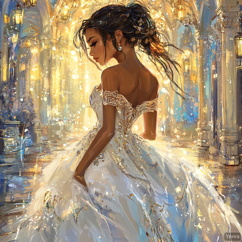 A woman in a white ballgown with gold accents stands in a lavish room.