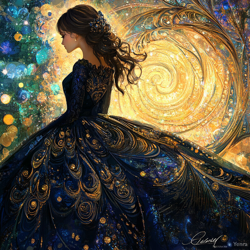 A woman in a stunning blue and gold dress against an abstract background