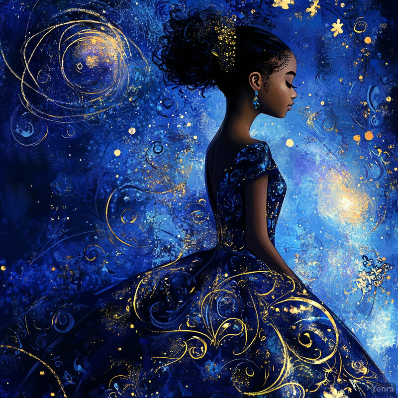 A woman with dark skin and black hair attends a formal event in a stunning blue ball gown.